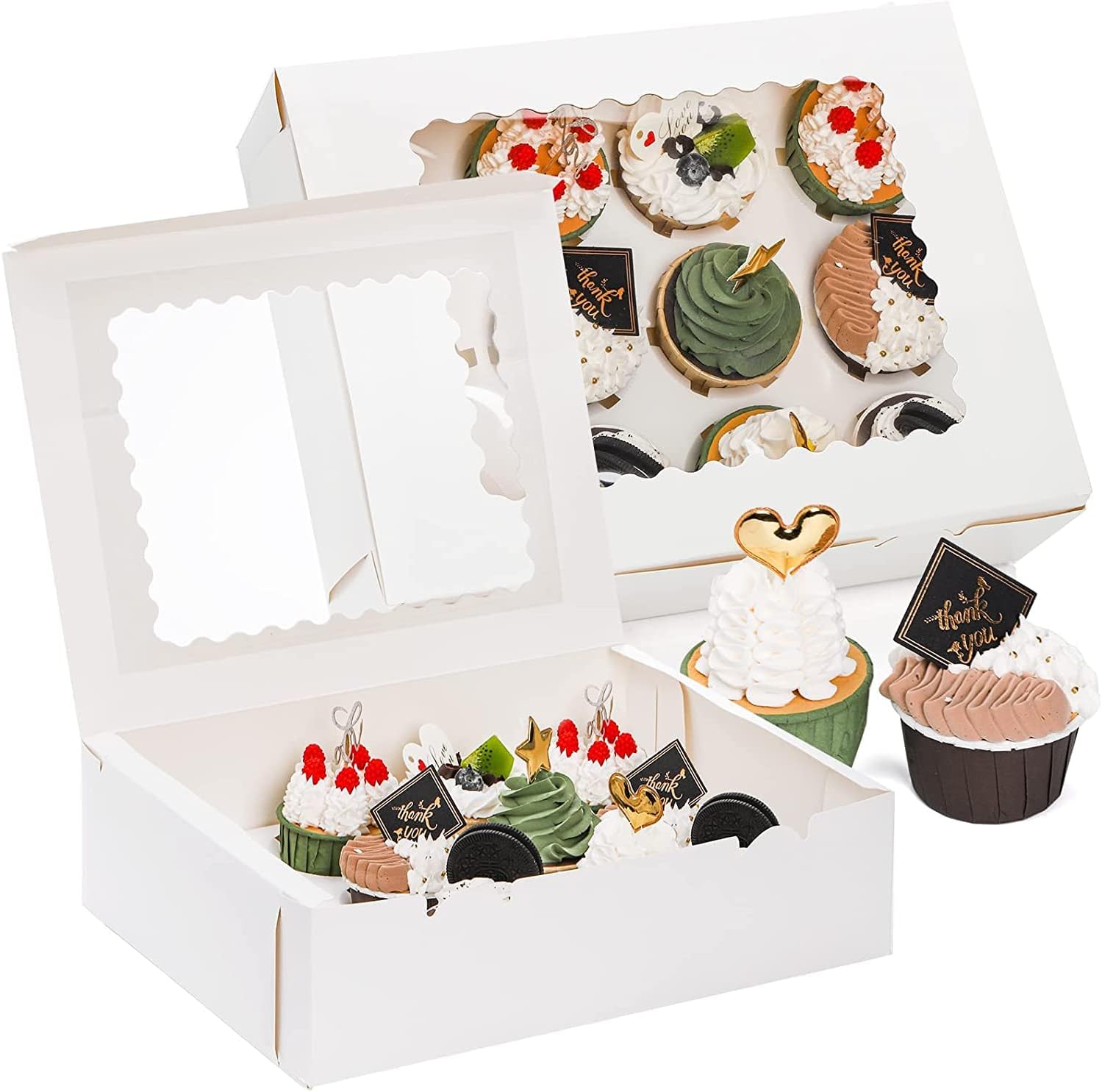 Jucoan 20 Pack Cupcake Boxes 12 Counts White Paper Cupcake Container with Inserts and Window
