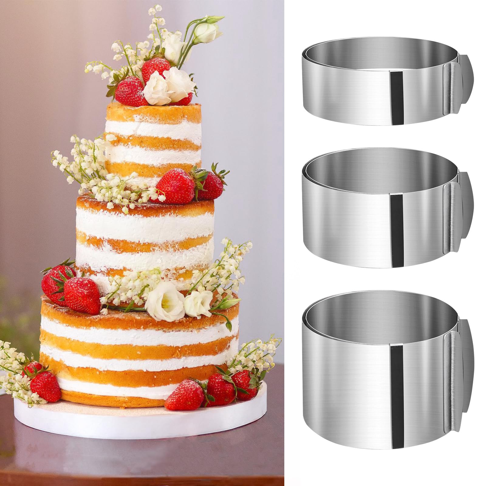 PORFOYO 3 anelli per torte regolabili in altezza 5 cm, 8 cm, 10 cm, in acciaio inox, larghezza 16 – 30 cm, telaio rotondo, stabile stampo per torte, anello rotondo regolabile per cuocere e decorare