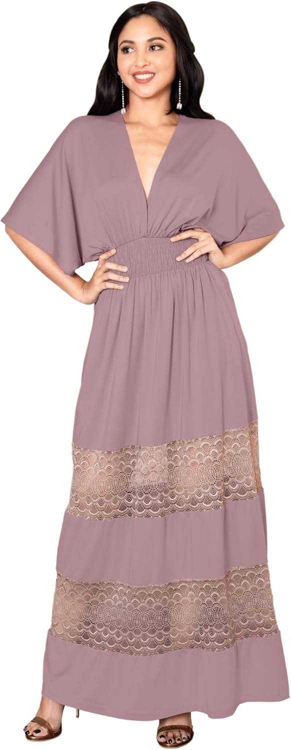 KOH KOH Womens 2026 Sexy Summer V-Neck Half Sleeve Layered Lace Maxi Dress