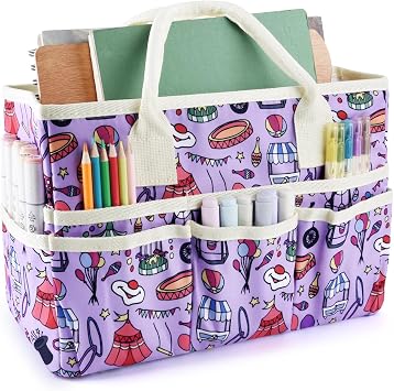 Craft Organizer Tote Bag with Multiple Pockets,Scrapbooking Art Storage | Portable Travel Containers for Caddy,Art and Craft Sewing Bag,Daily Use and Office Supplies Storage.Purple Circus