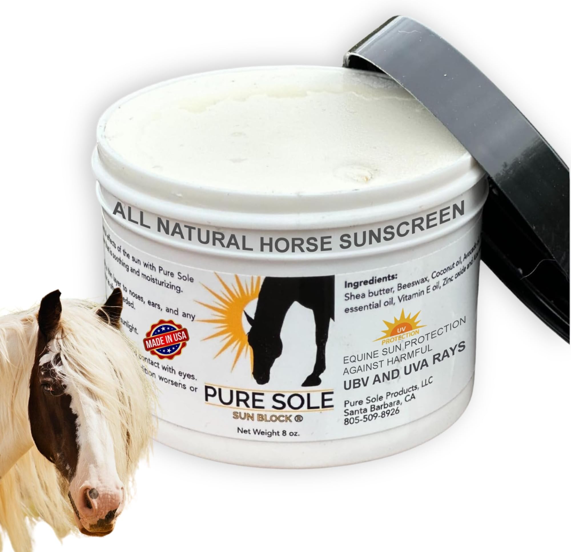 Sunscreen for Horses - Pure Sole Sun Block Cream |Nose Sun Protection and Sensitive Pink Horse Skin |Made with Safe Non-Nano Zinc Oxide-and Moisturizing Natural SPF Ingredients| Use Year Round - 8 oz.