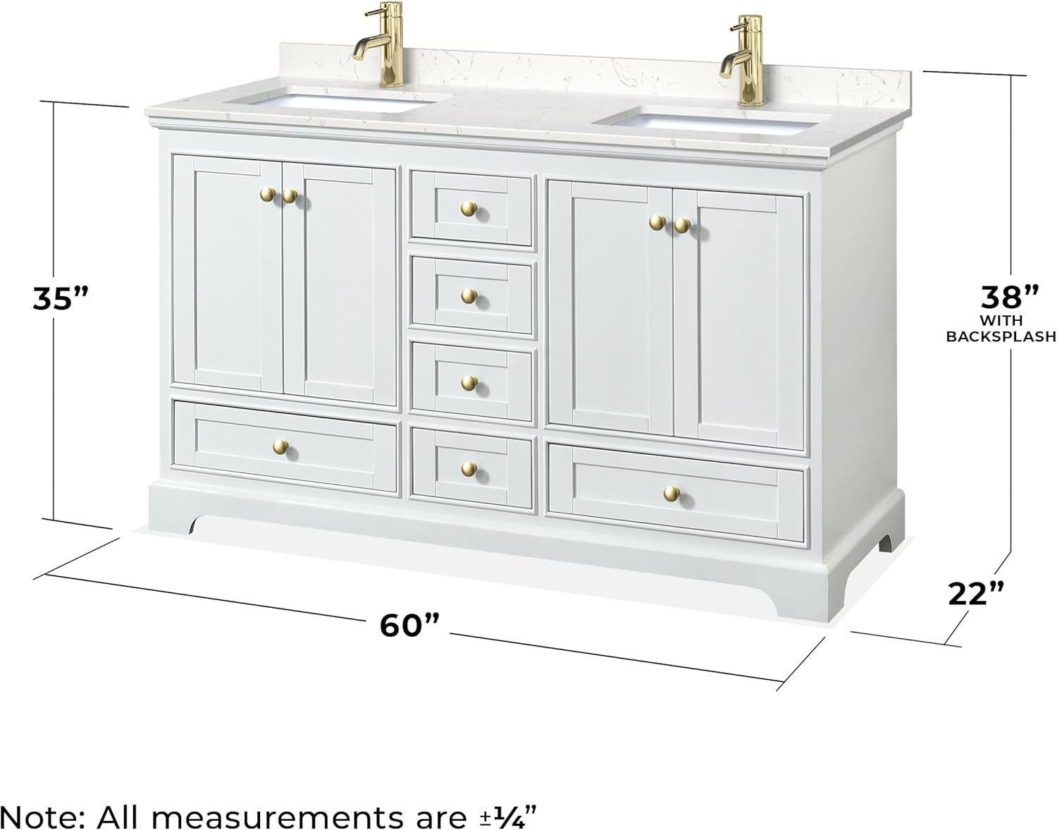 Deborah 60 Inch Double Bathroom Vanity in White, Carrara Cultured Marble Countertop, Undermount Square Sinks, Brushed Gold Trim, Medicine Cabinets