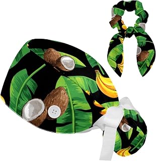 Set of 2 Bouffant Caps with Hairband Surgical Caps Scrub Cap, Banana Leaf and Coconut Fruit