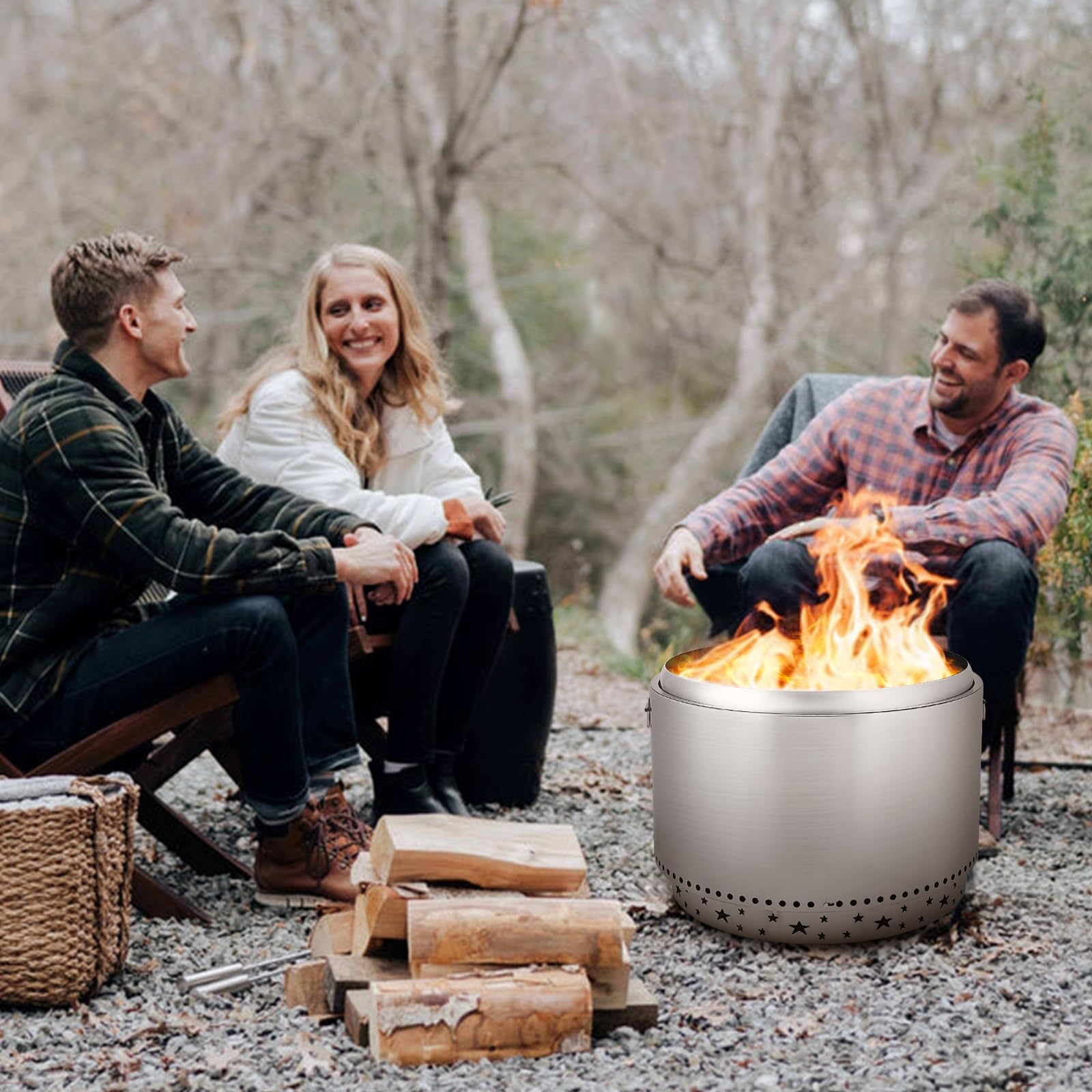 Brasero Exterior sin Humo con Interruptor de Aire, 68.5 cm (27 Pulgadas), de Acero Inoxidable, con Soporte Desmontable y cenicero. Ideal para fogatas, picnics y Otras Actividades al Aire Libre como a