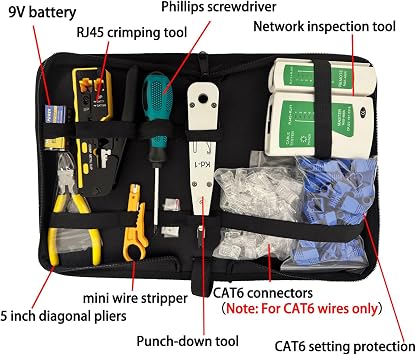 RJ45 Crimp Tool Kit, Crimper Ethernet Crimping Stripper Cutter Crimper All-in-One for 8P RJ45 Cat5 Cat6 Crimp Tool 6P/6C 6P/4C 6P/6C RJ11/RJ12 Telephone Connectors with Cable Tester