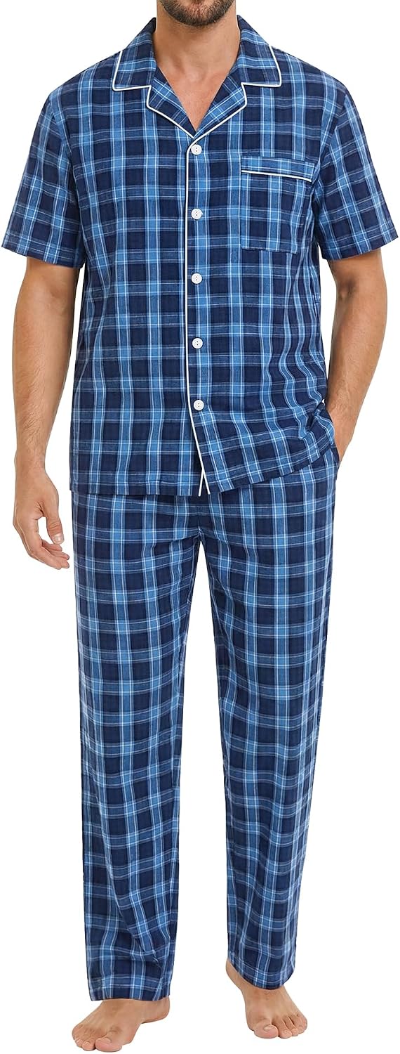 SWOMOG Mens 100% Cotton Pajama Set 2Pcs Button Down Pjs Set Short Sleeve Sleepwear with Long Pants Soft Stripe Nightwear