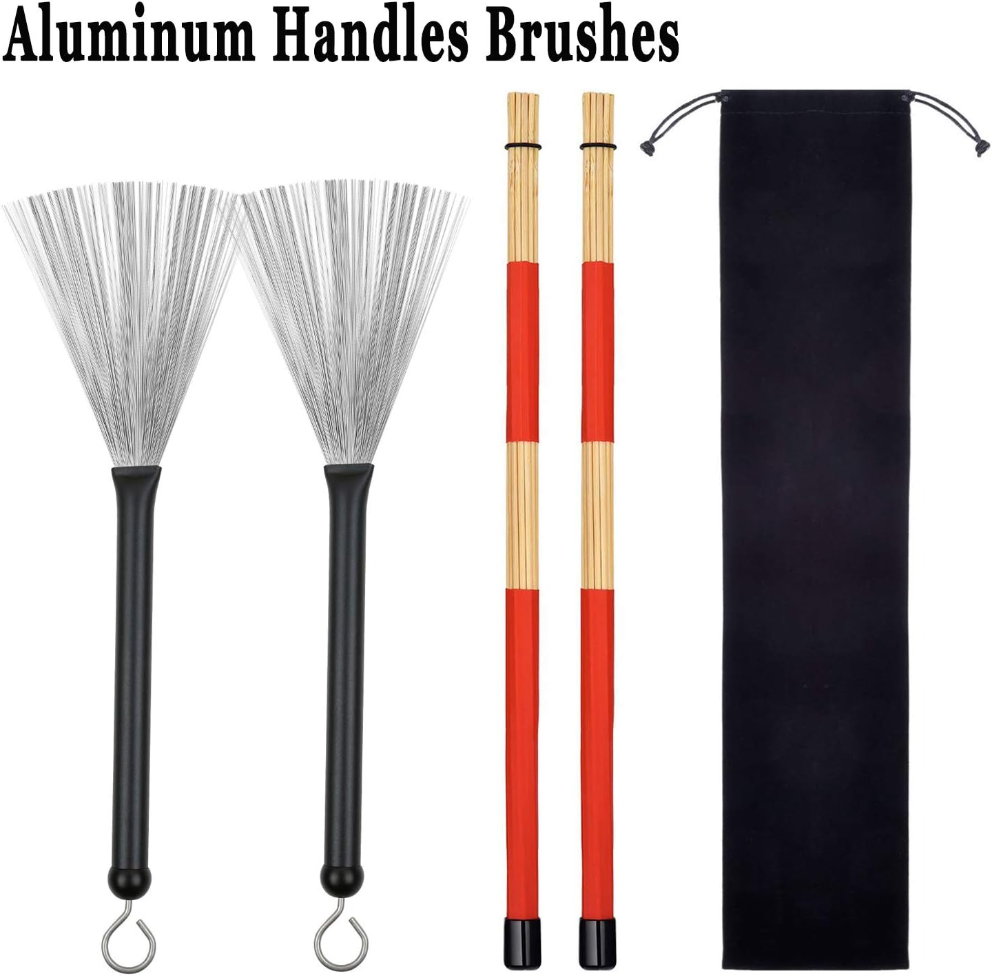1 Pair Retractable Drum Wire Brushes with Comfortable Aluminum Handles and 1 Pair Rods Drum Sricks Brush for Jazz Cajon Folk Rock Band Drummers Amateurs Beginners (Black)