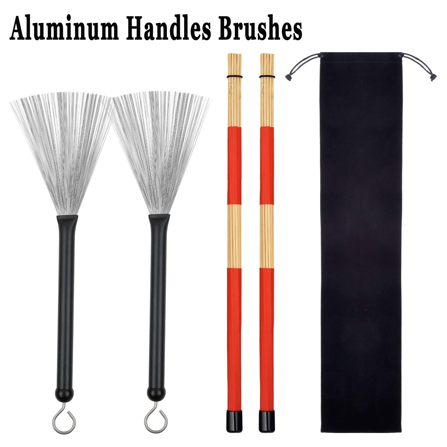 1 Pair Retractable Drum Wire Brushes with Comfortable Aluminum Handles and 1 Pair Rods Drum Sricks Brush for Jazz Cajon Folk Rock Band Drummers Amateurs Beginners (Black)