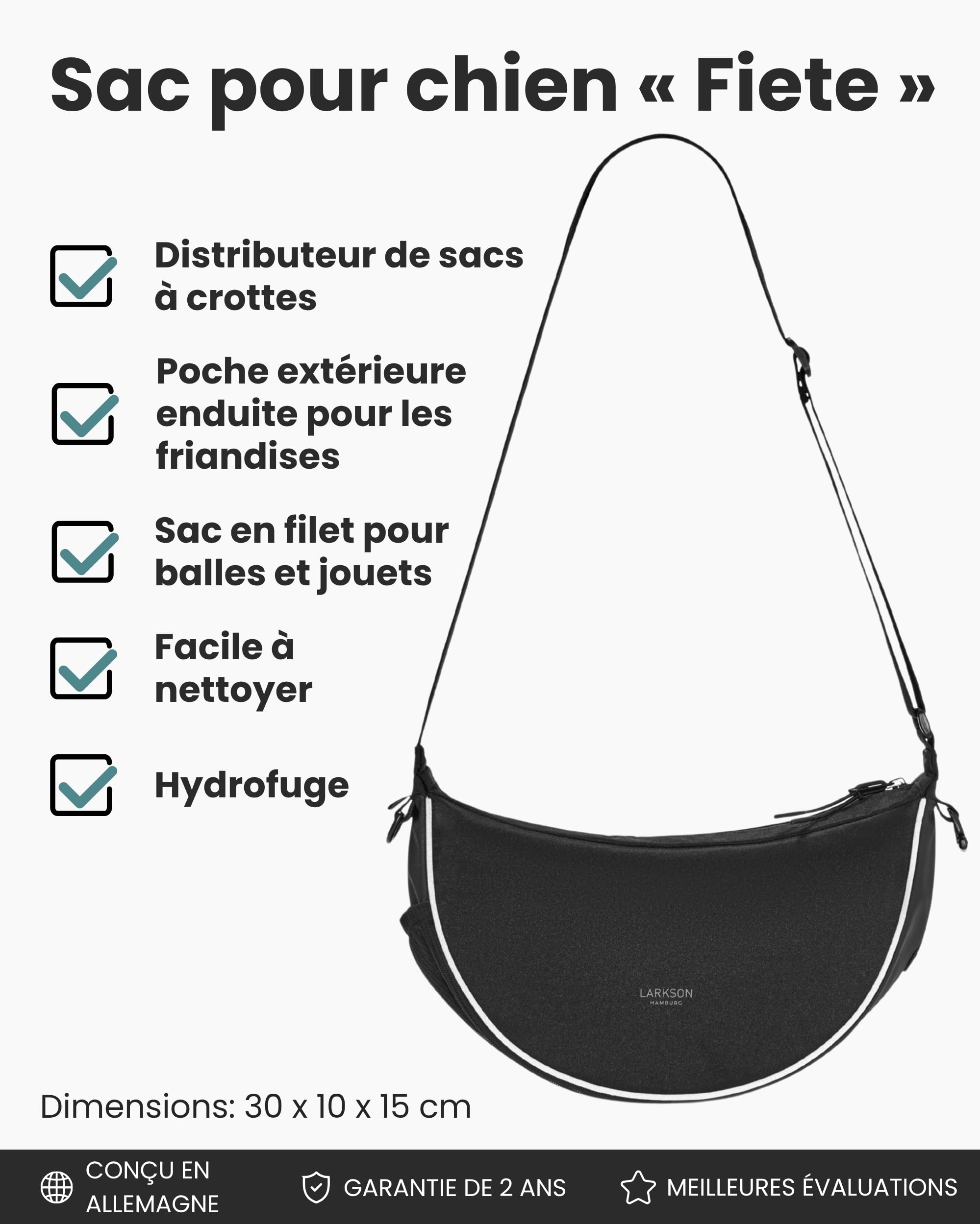 LARKSON Half Moon Bag à Friandises pour Chien Noir - Fiete - Sac à Bandoulière Promenade - Pochette à Friandises avec Distributeur de Sacs à Excréments - Sac de Dressage Réfléchissant - Hydrofuge