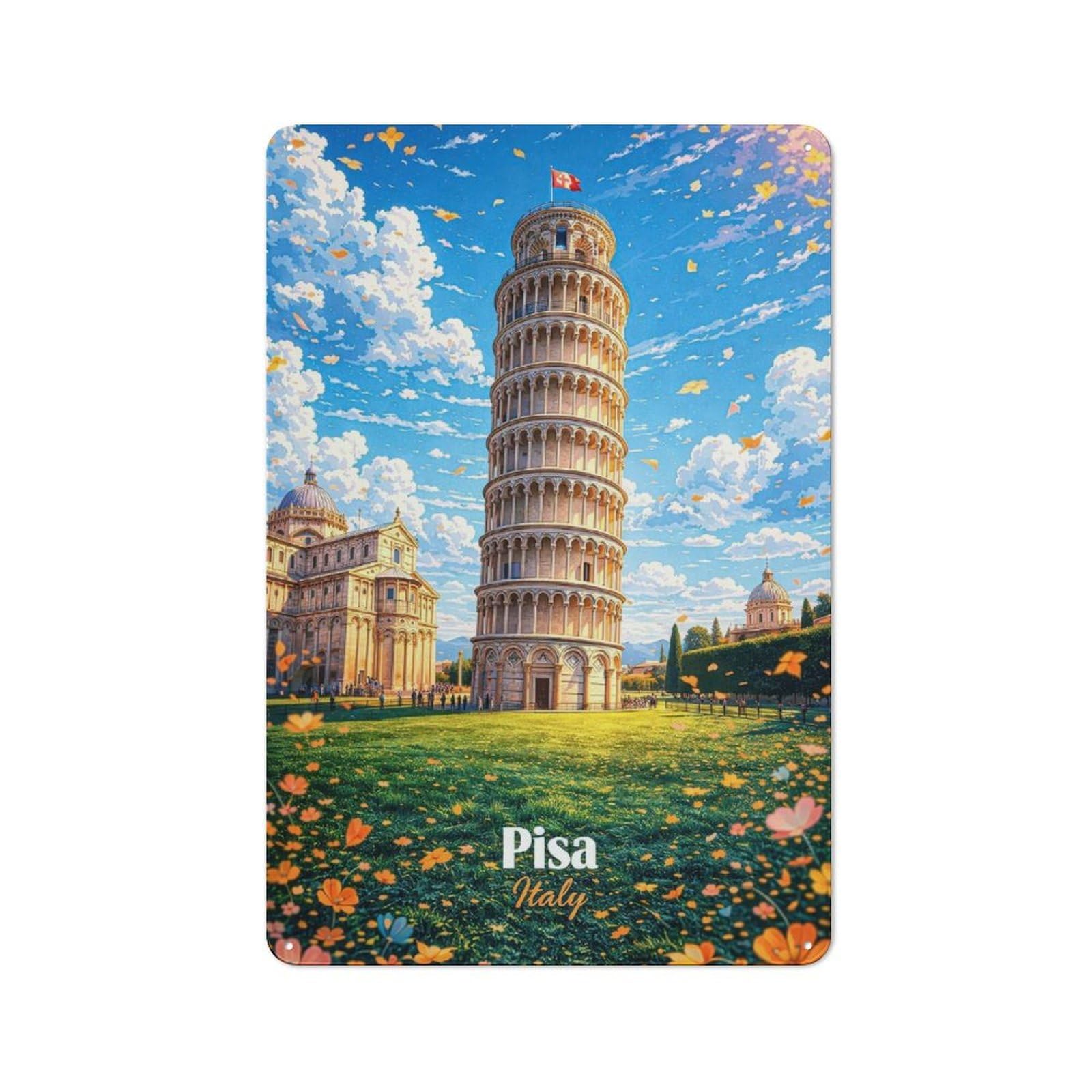 Junmoney Style-2 Old Style Leaning Tower Of Pisa With Flowers Decorative Tin Plaque 30X20cm, Bar Wall Plaque For Bar, Kitchen, Garage Or Games Room