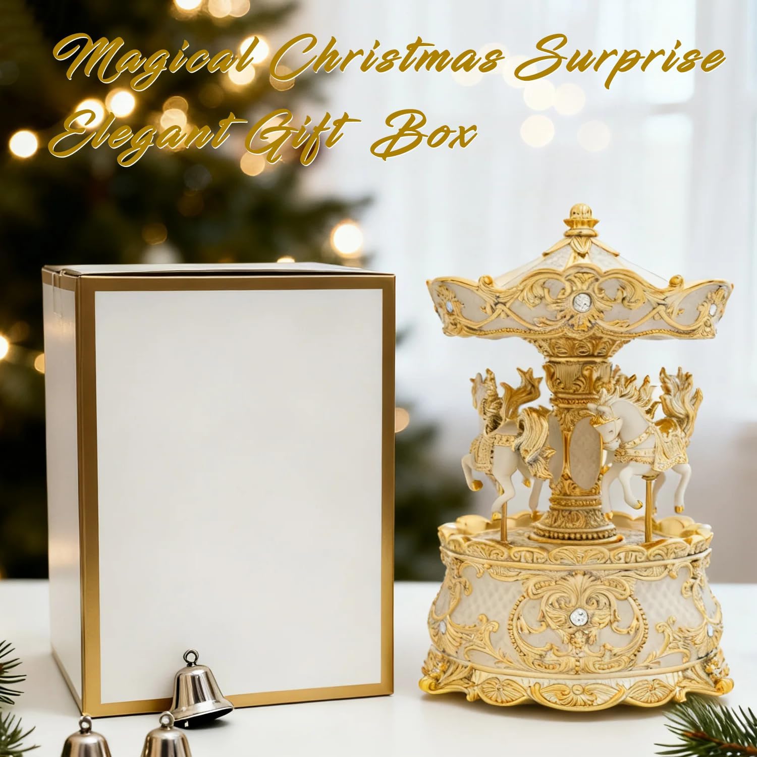 Golden Ivory Carousel Horse Music Box - Wind Up Rotate Christmas Music Box Ornament for Home Table Decor, Valentines Day Snow Globes Christmas Decorations Gifts for Couples Women Men Kids Family