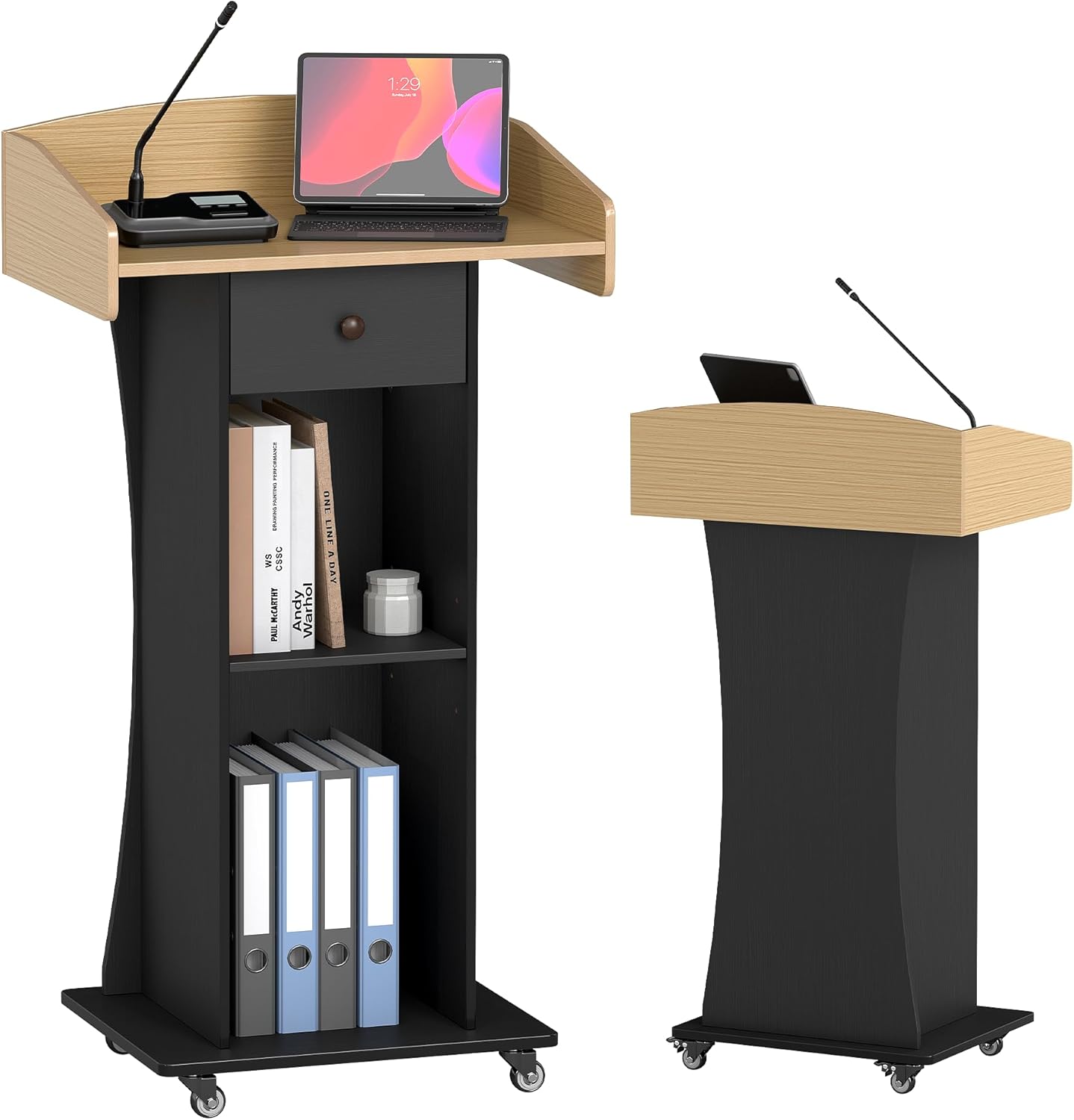 Podium Stand with Metal Wheels Wooden Lectern Podium Stand Portable Pulpit Standing with Storage Mobile Reception Podiums for Church Office School Conference Restaurant Meeting,Wood+Black