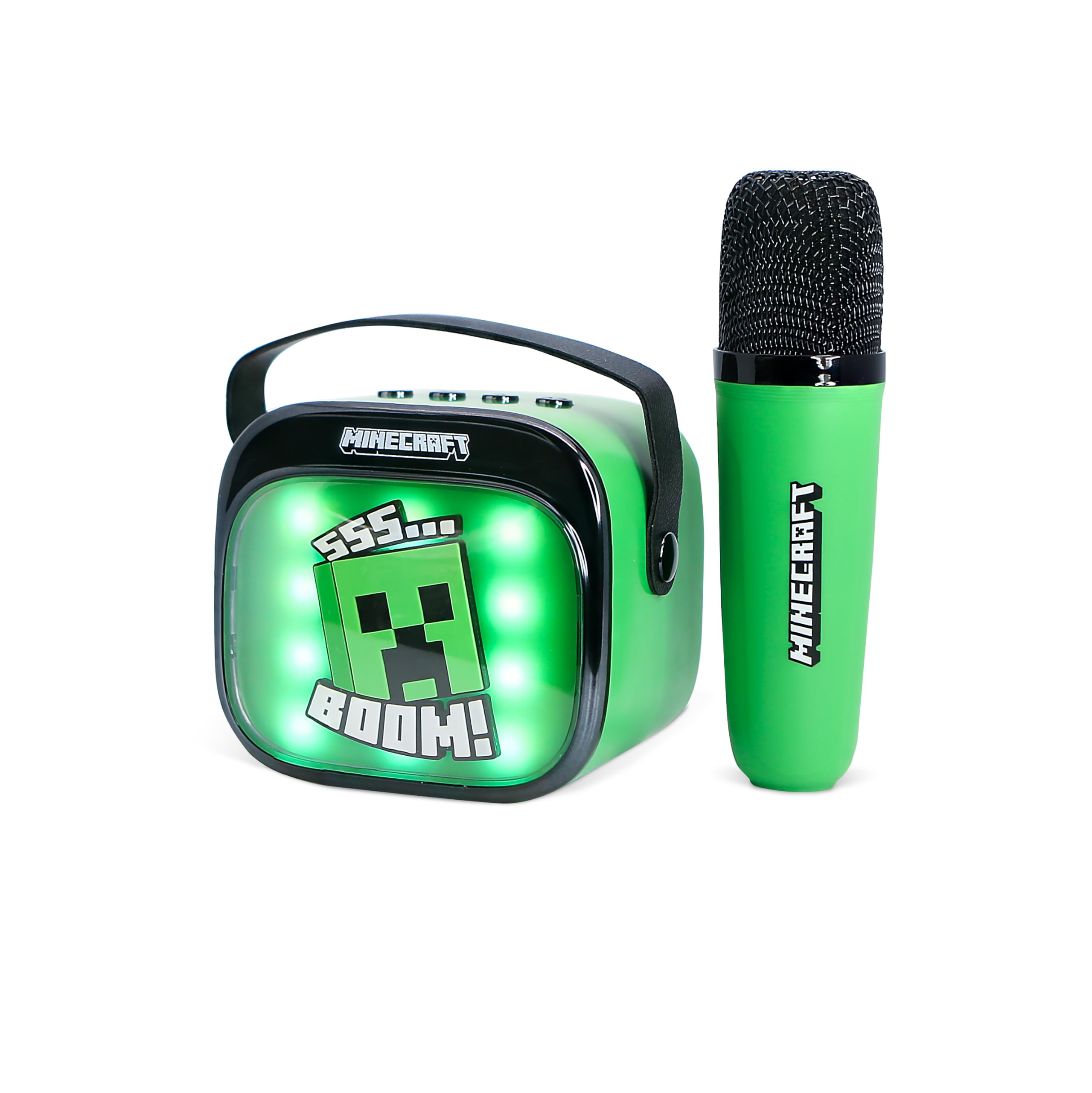 Minecraft Mini LED Wireless Karaoke Speaker with Bluetooth Microphone, Green, Colour-Changing Lights
