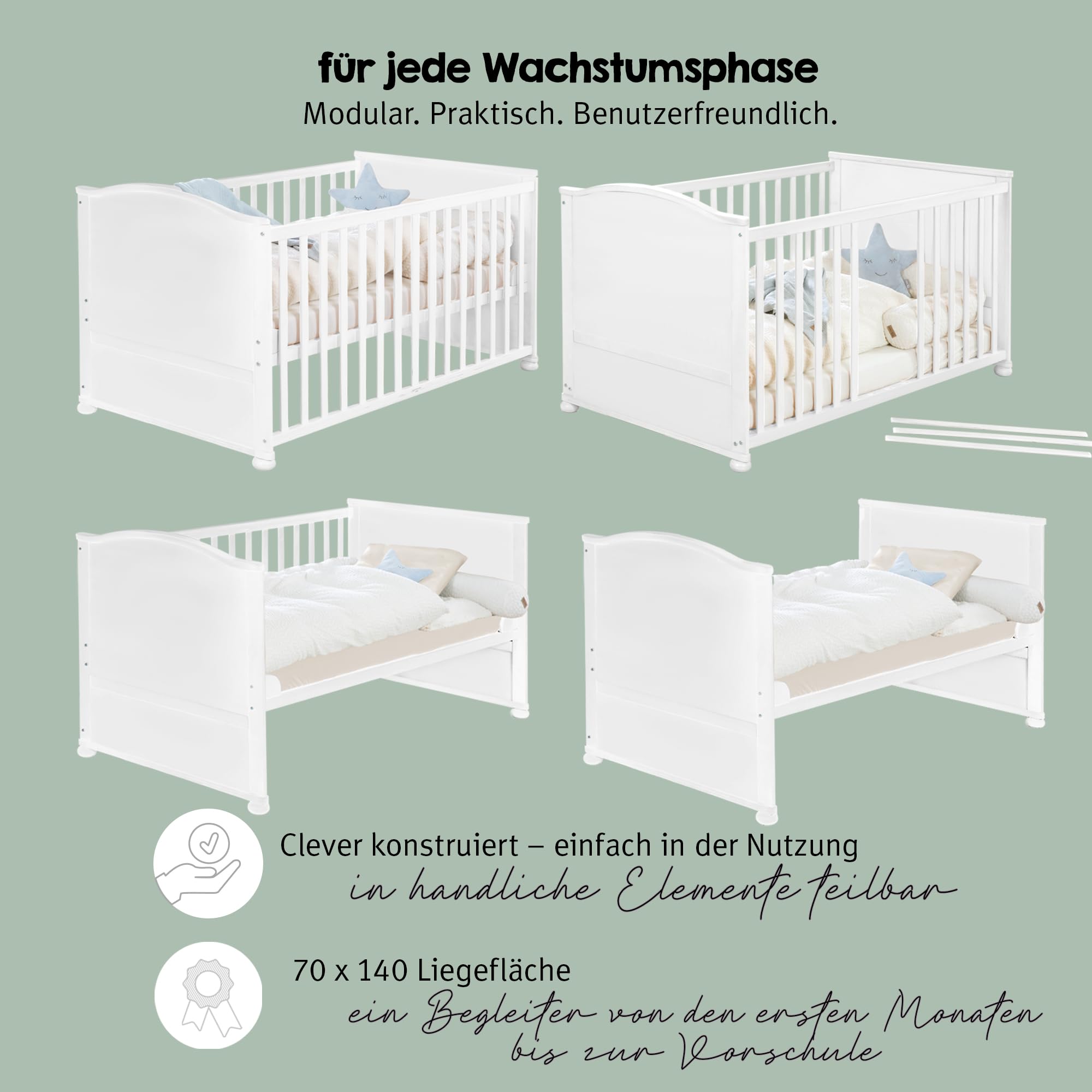 roba Lettino Completo di Set Biancheria Little Stars, 70 x 140 cm, Letto per Bambini con Federa, Copripiumino, Materasso, Baldacchino, Legno Bianco