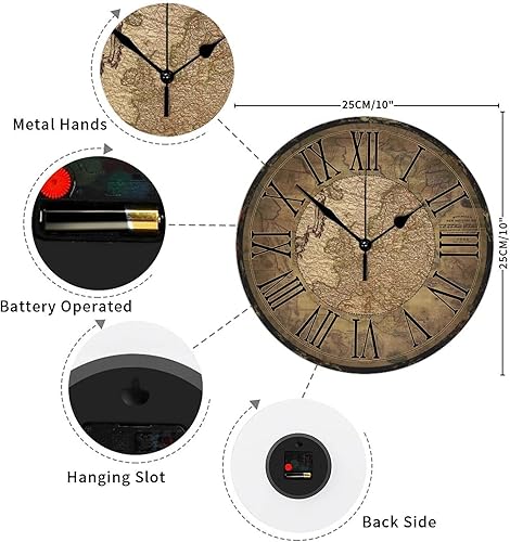 Miniatura 2 de Reloj de pared de madera de estilo vintage, mapa del viejo mundo, 10 pulgadas, rústico, redondo, de madera, sin tictac, silencioso, estilo retro,