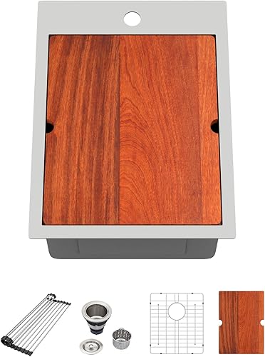 Fregadero de barra desplegable de 15 x 20 pulgadas, fregadero de cocina de acero inoxidable con repisa superior, hecho a mano, calibre 16, fregadero