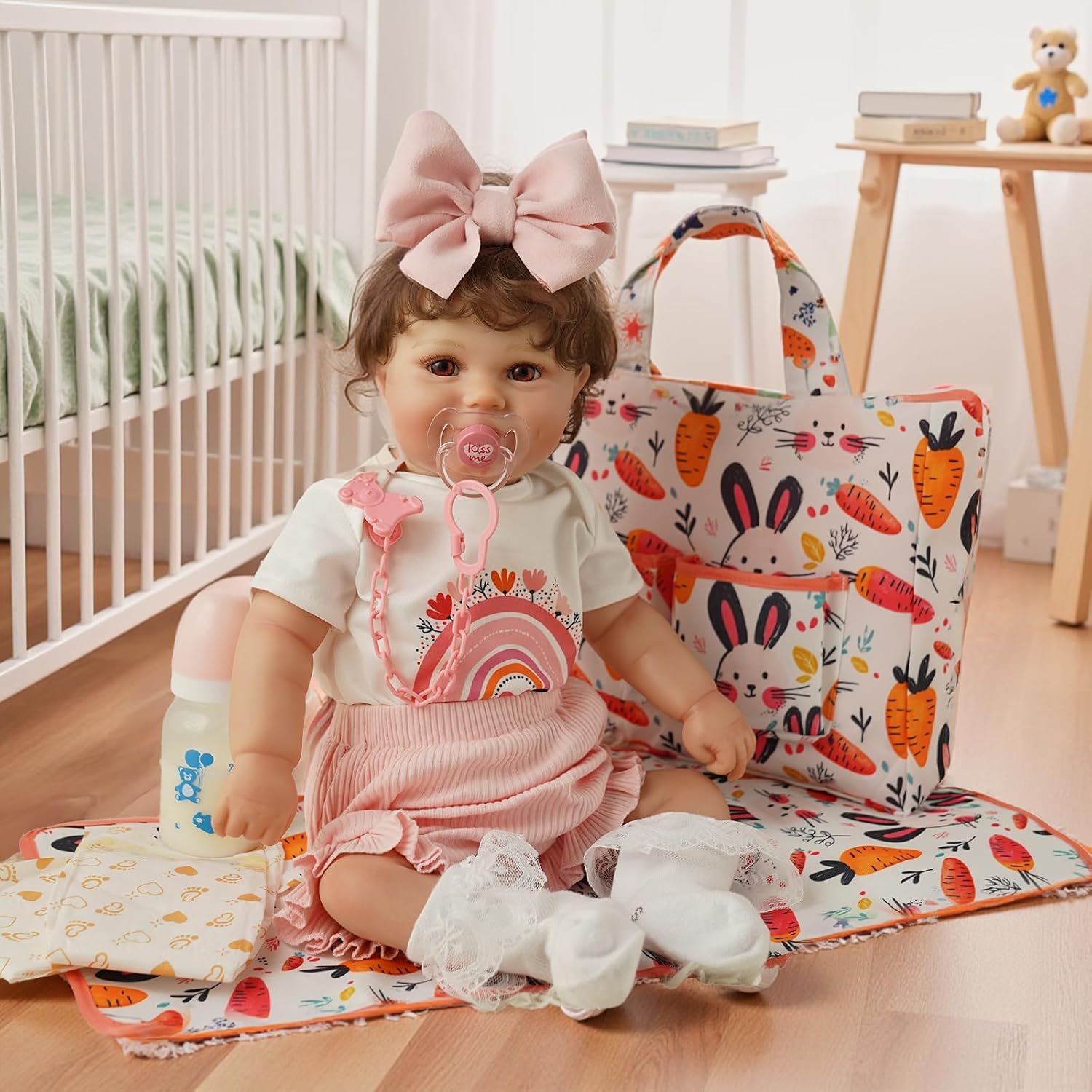 BABESIDE 7 Pcs Reborn Doll Accessories Set for 17-22 Inch Dolls, Feeding and Care Set, Including Diaper Bag, Great for Children's Pretend Play (Dolls not Included)
