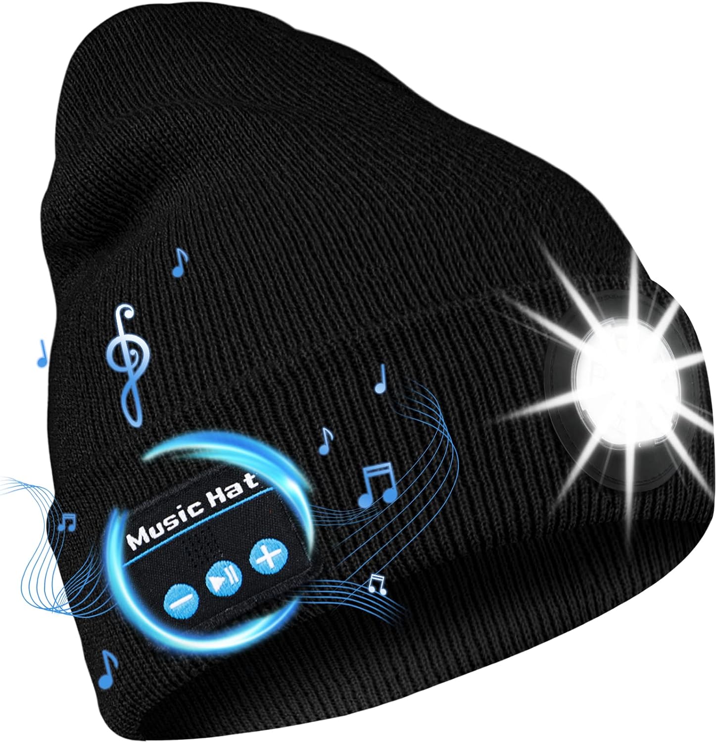 Deilin Bluetooth Beanie Hat with Light, Unisex USB Rechargeable 5 LED Headlamp Cap with Headphones,Gifts for Men Women Teen(Upgrade Black)