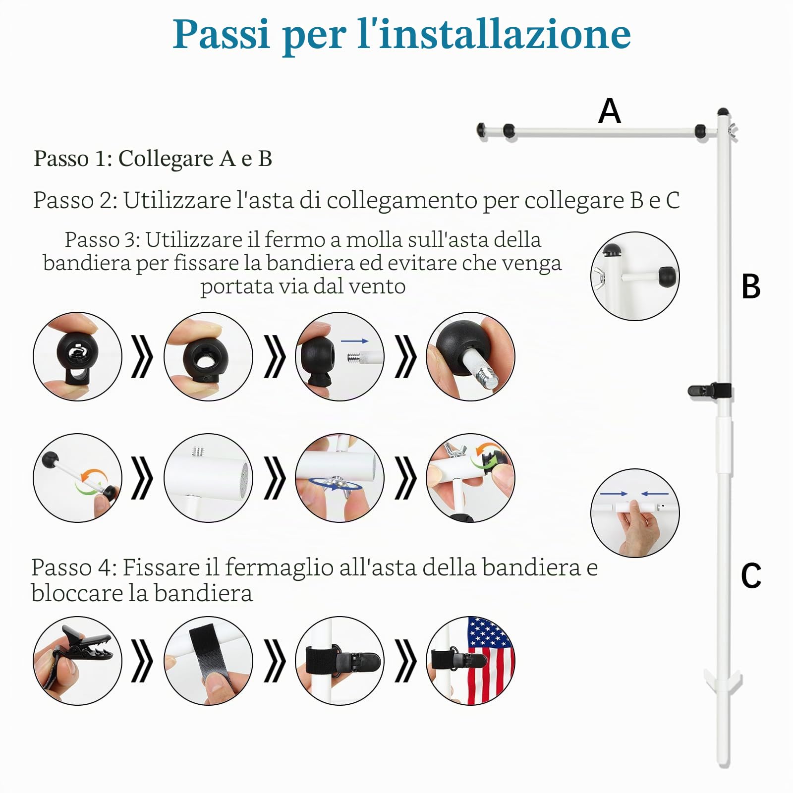 2-Pack asta della bandiera per Garden Flagpole Flagpole staffa di montaggio - Robusto, facile da montare, Incl. Morsetto di montaggio e accessori (bianco)
