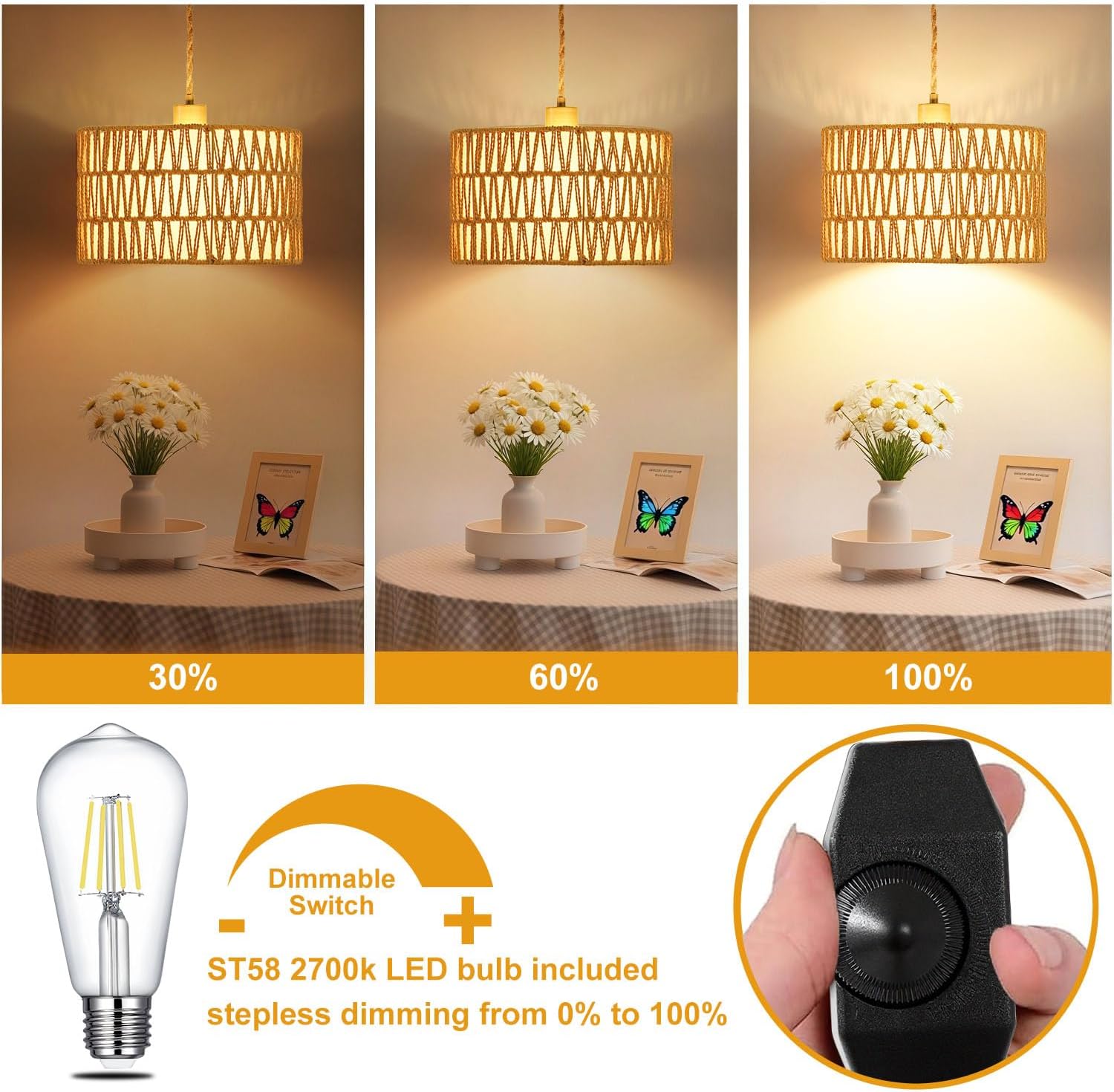 Dimmable Boho Hanging Lights with Plug in Cord 14.7ft，2 in 1 Shade Plug in Pendant Light Rattan Hanging Lamp with E26 Bulb, Long Lasting Wicker Plug in Pendant lamp Fixture for Living Bedroom