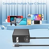 Vista 5 de Cargador para Nintendo Switch, cargador USB C GaN de 39 W para interruptor con cable de carga de 6 pies, adaptador de fuente de alimentación de CA