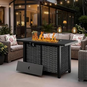 43" Propane Fire Pit Table with Glass Wind Guard & Lid, 50,000 BTU Outdoor Gas Fireplace, Weather-Resistant, Smokeless 2-in-1 Rectangular Coffee Table for Patio Garden