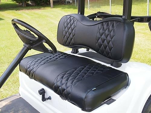 Vista 195 de Huskey - 2 fundas de asiento delantero para carrito de golf EZGO Medalist/TXT 94-13, costuras de diamante negro y azul de dos tonos con ribete azul