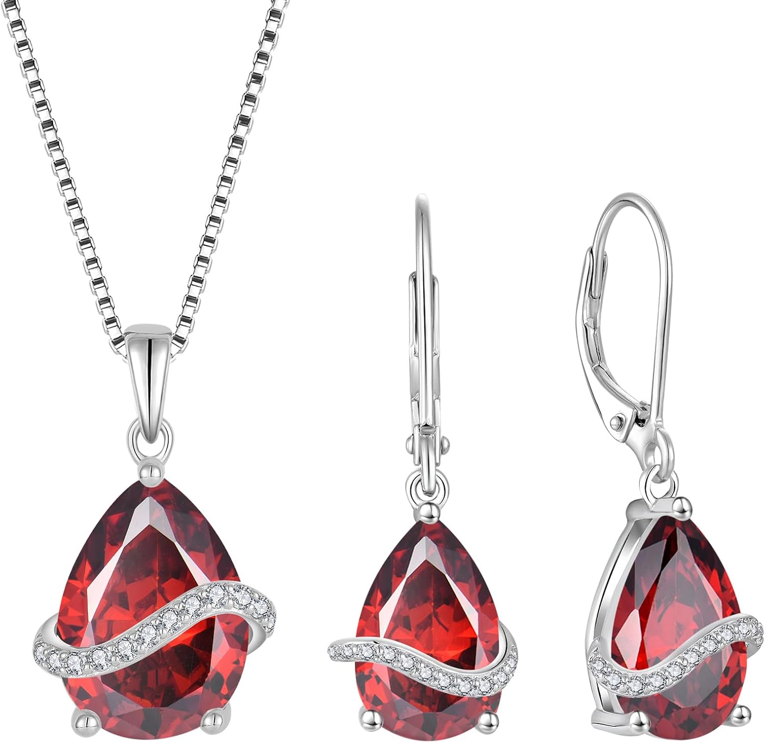 Teardrop Jewelry Set for Women 925 Sterling Silver Garnet Necklace Dangle Drop Leverback Earrings January Birthstone Jewelry for Women