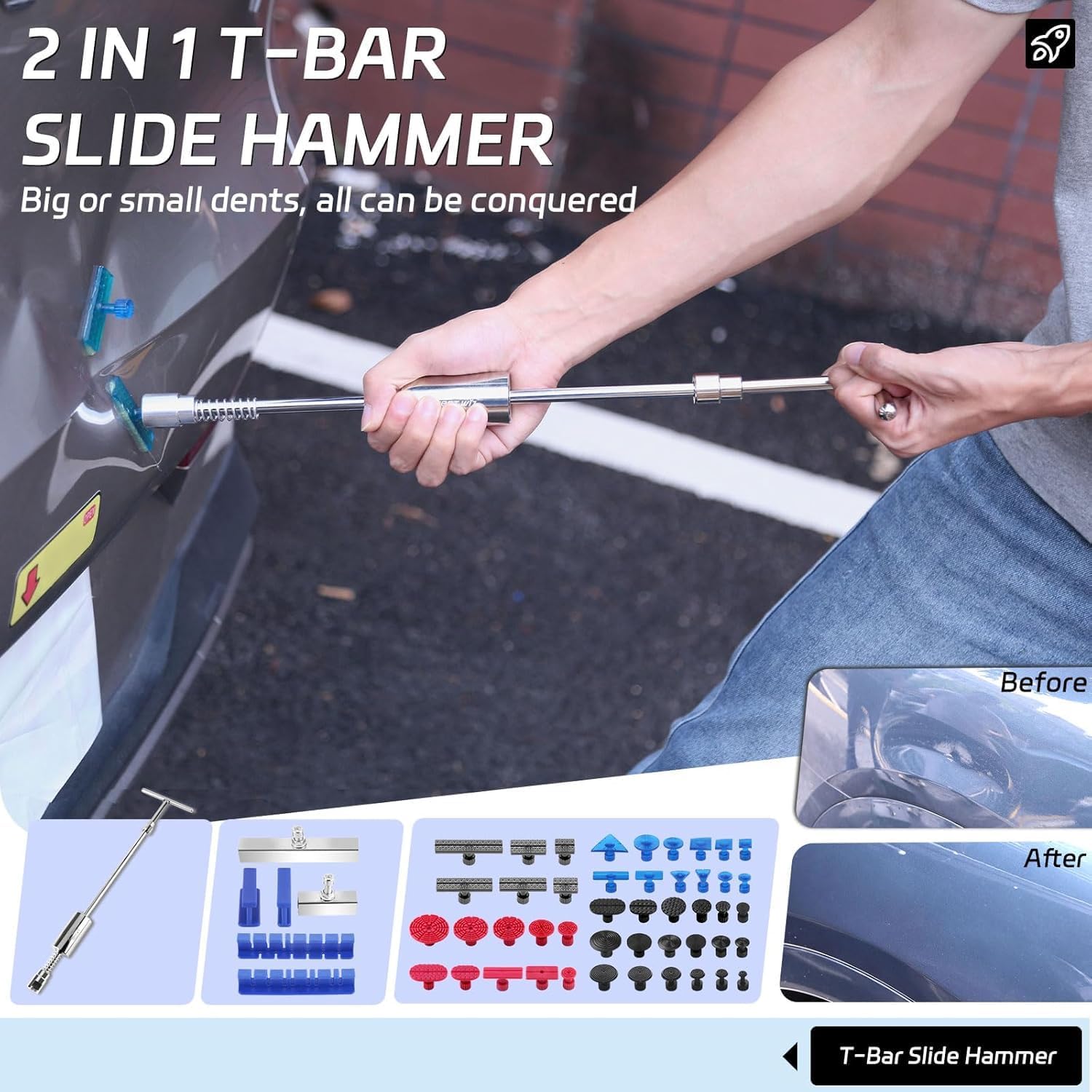 Professional Car Dent Repair Kit - 2-in-1 Slide Hammer T-Bar Bridge Puller with 100W Hot Glue Gun Rubber Hammer and 76 Tabs - for Auto Body Paintless Removal on Vehicles Appliances and Metal Surfaces