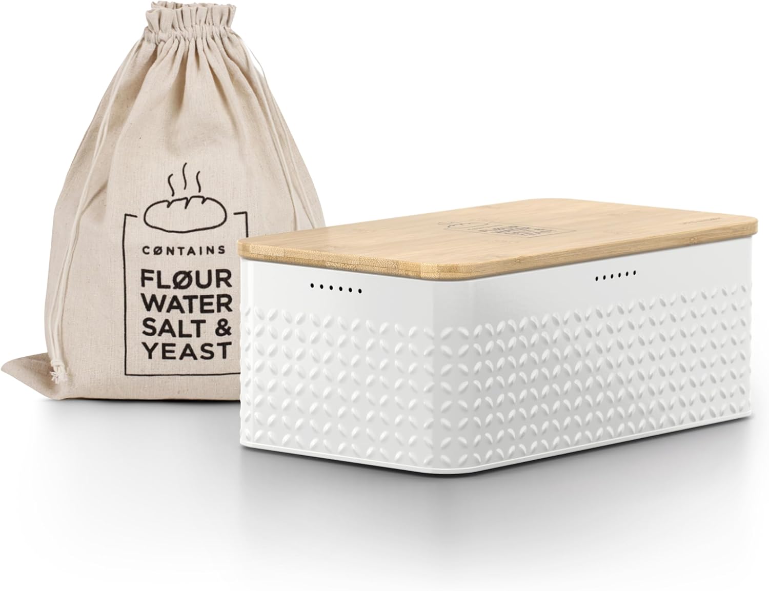 LARS NYSØM Bread Box I Metal Box with linen bag for long lasting freshness I Bread Bin with bamboo lid usable as cutting board I 13.4x7.3x5.3In (Pure White)