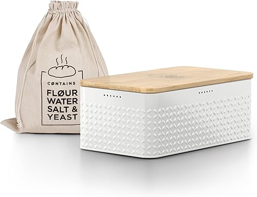 LARS NYSØM Caja de pan I Caja de metal con bolsa de lino para una frescura duradera I Panera con tapa de bambú utilizable como tabla de cortar I