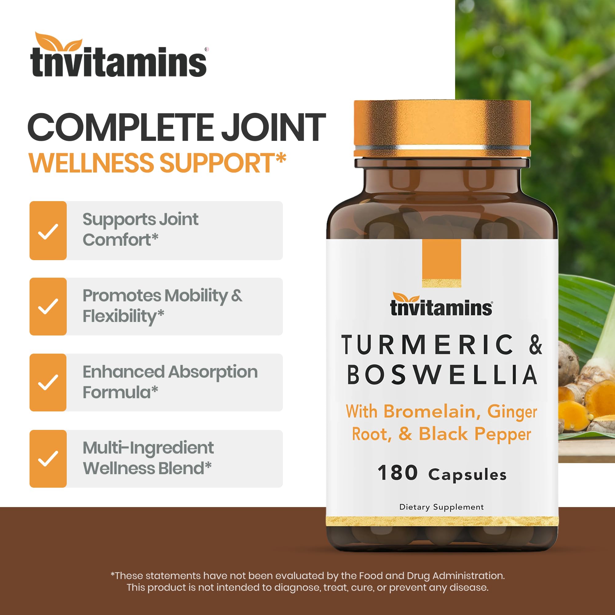 Turmeric & Boswellia Complex (180 Capsules) with Ginger Root, Bromelain, & Black Pepper Extract | Joint-Ease Formula: Powerful Joint Support Supplement* | Produced in the USA — Amazon image 4