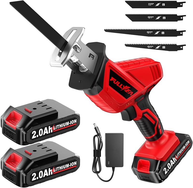 FULLYEA Reciprocating Saw Cordless, Variable Speed 3500SPM, 2x2.0Ah Battery | Power Reciprocating Saw, LED Light, 4 Saw Blades, Tool-Free Blade Change, Portable Electric Saws for Wood PVC Metal Cutting