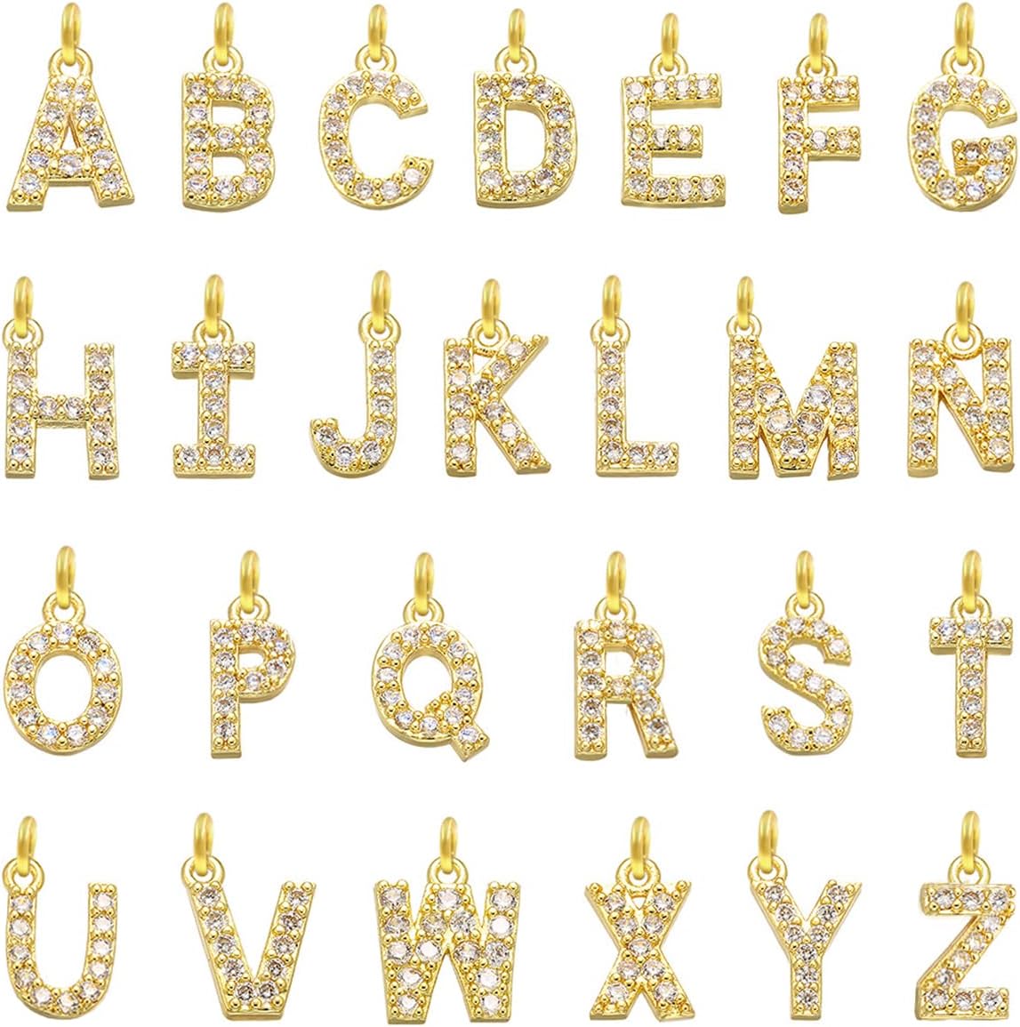 26Pieces A-Z Letter Charms Cubic Zirconia Gold Plated Brass Glitter Pendants for Making Jewelry Bracelets Necklace Earring DIY Craft