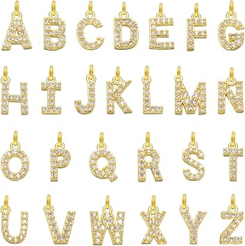26Pieces A-Z Letter Charms Cubic Zirconia Gold Plated Brass Glitter Pendants for Making Jewelry Bracelets Necklace Earring DIY Craft