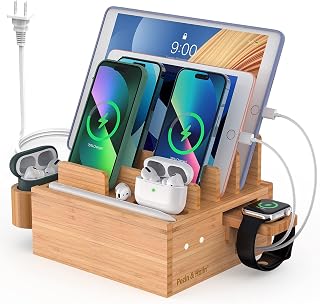 Phone Docking Station for Multiple Devices, with Charger HUB Adapter, Electronic Organizer Stand Box- for Cell Phones, Tablets, Watches, with 5 Cables, Bamboo