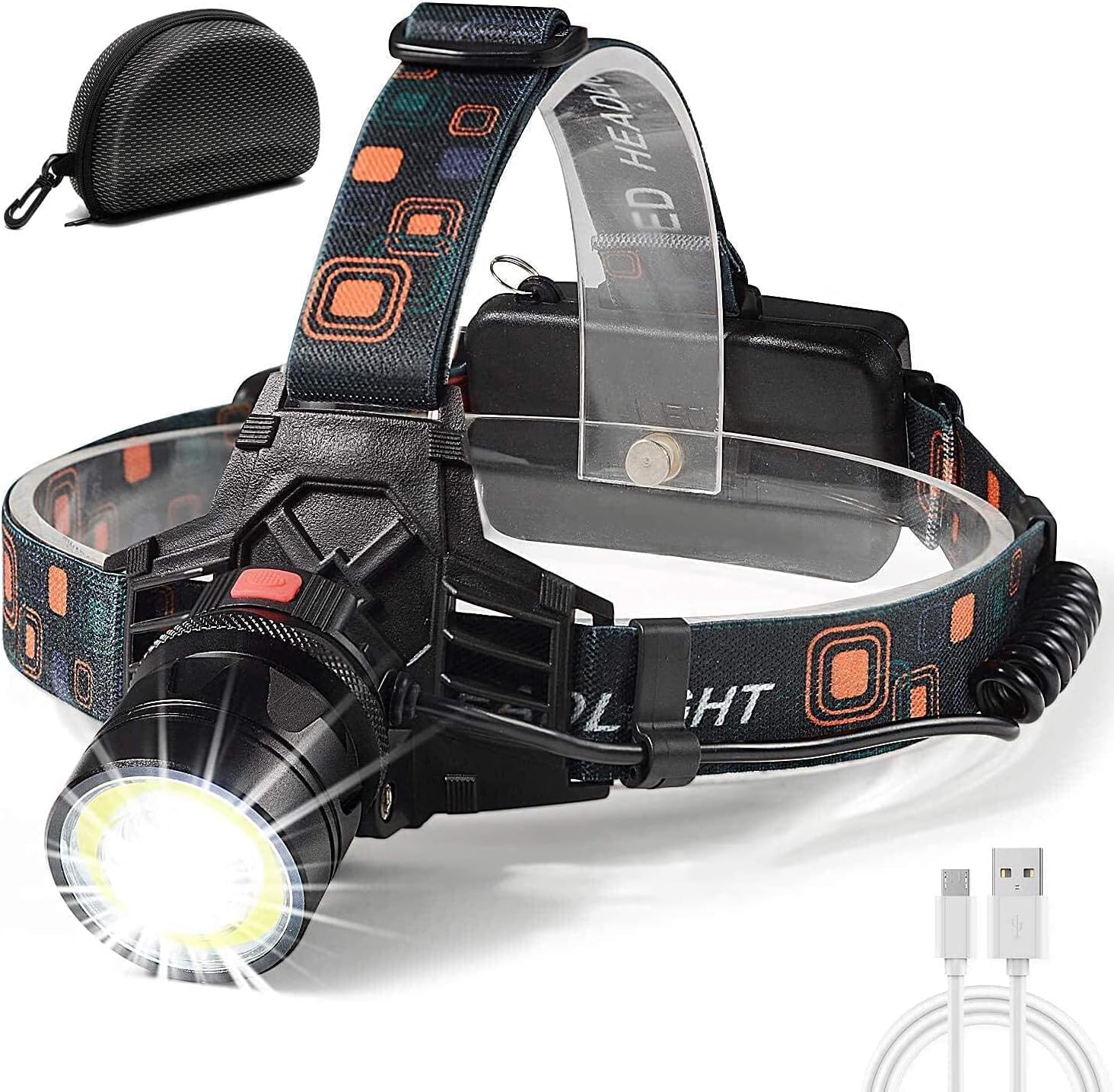 COB Head Lamp USB Rechargeable Work Light-Bright 6000 Lumen 2 Function Merge(COB&Spot Light),10 Hours Long Lasting.Xtreme Bright 9oz IPX4 Waterproof Zoomable 18650 Headlamp Led Flashlight