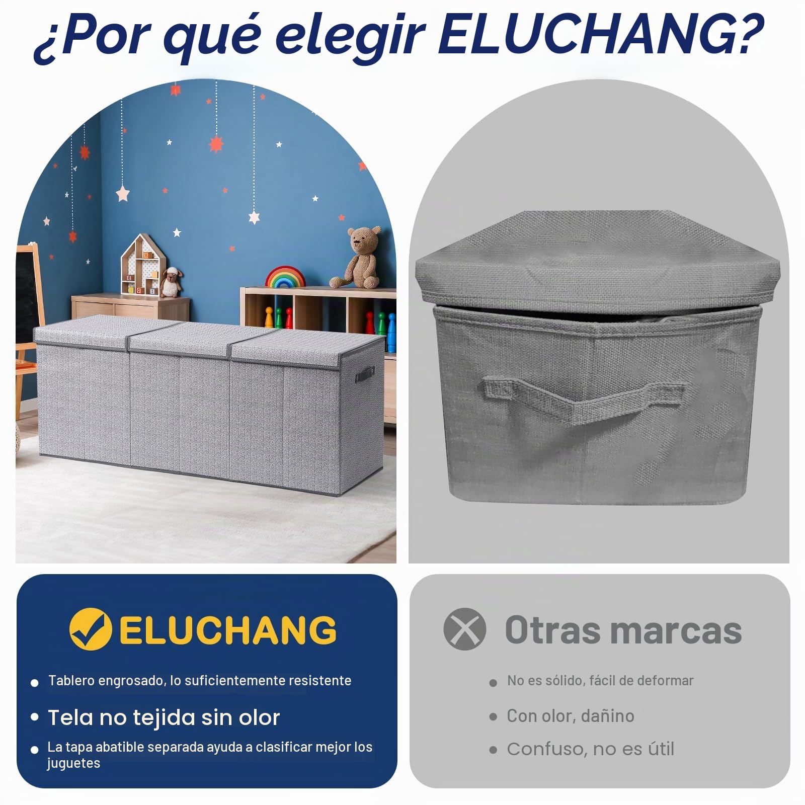 ELUCHANG Caja de Almacenamiento para Juguetes, 147L - Baúl Grande Plegable para Juguetes de Niños y Niñas, Organizador con Tapa Abatible para Ropa, Habitación, Guardería, Gris