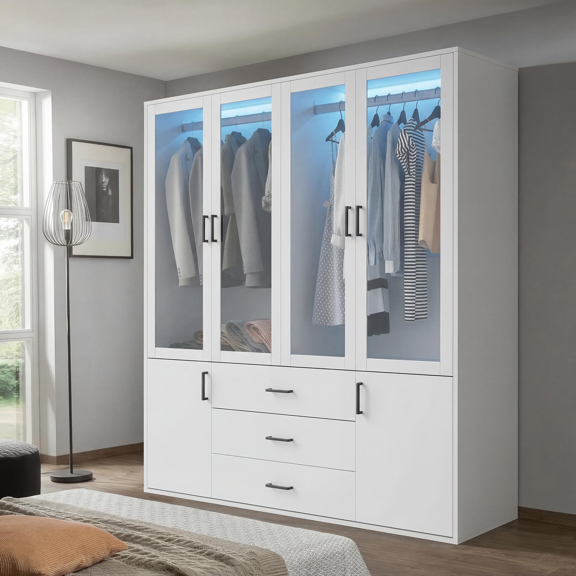 Armadio bianco con LED, 160 cm di larghezza, con porte girevoli, 4 ante in vetro, 2 porte, 3 cassetti, appendiabiti, armadio moderno, per camera da letto