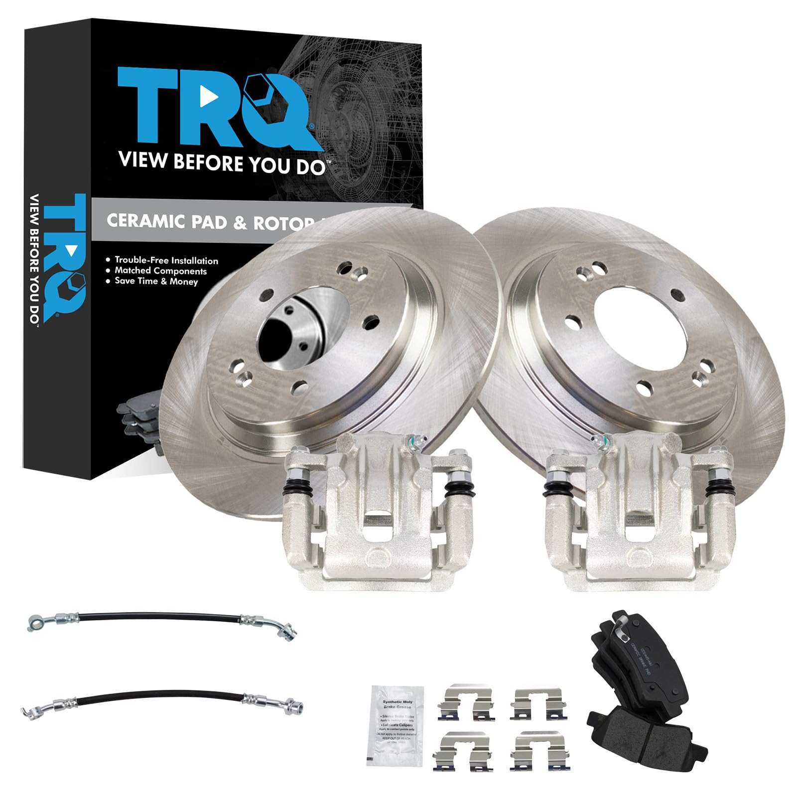 TRQ Rear Brake Pad and Rotor Kit Ceramic Calipers Hoses Compatible with 2016-2017 Hyundai Azera 2015 Kia Optima