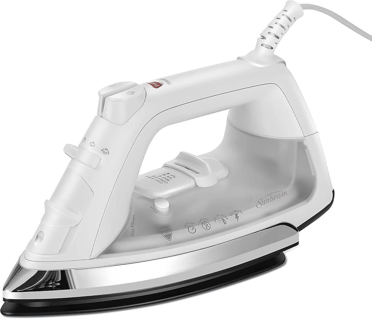 Plancha de vapor clásica Sunbeam, 1200 vatios, suela antiadherente antigoteo de tamaño mediano, disparo de vapor horizontal o vertical con cable giratorio de 360 ​​grados de 8' y apagado automático de 3 vías, color blanco