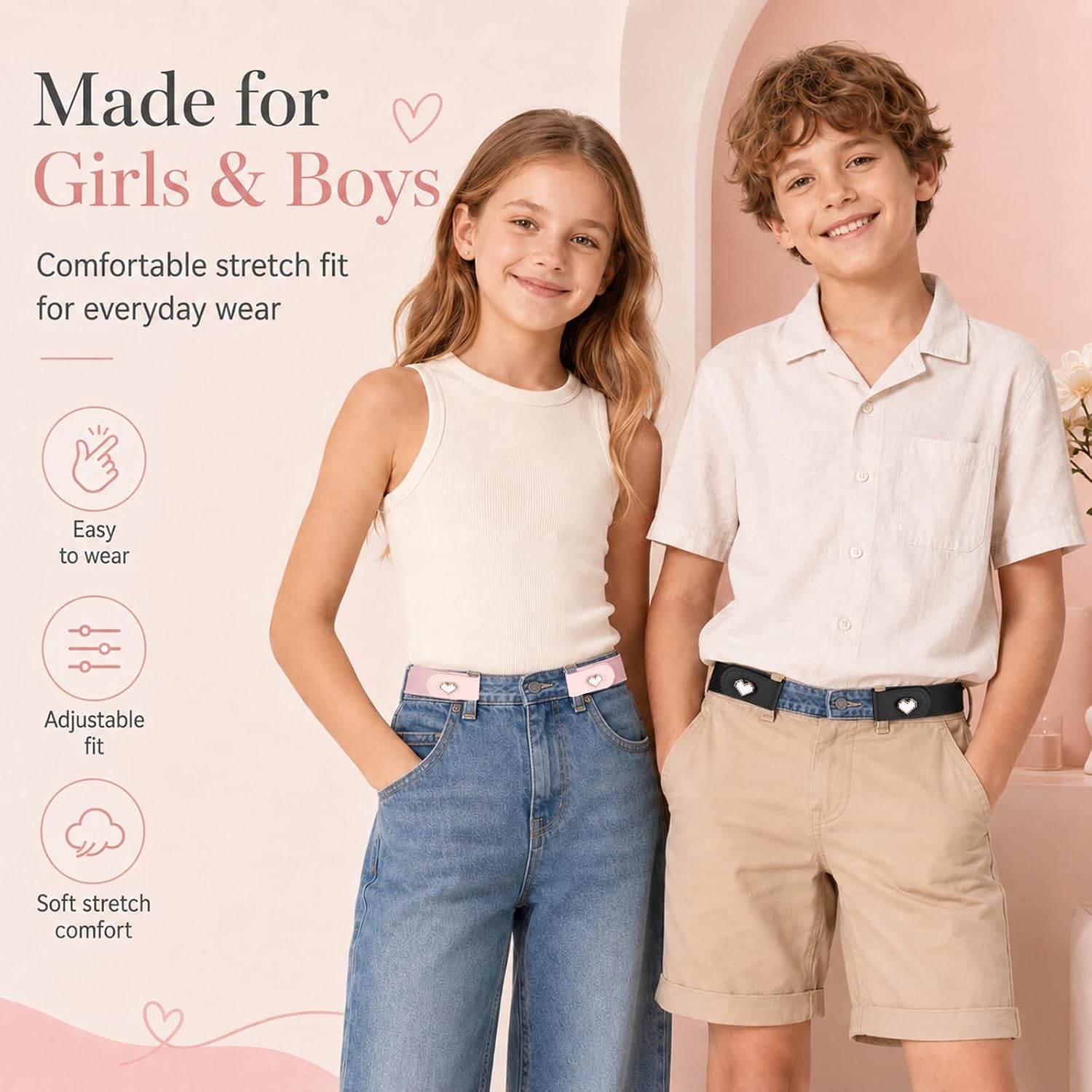 JIEYAO 3Pcs No Buckle Stretch Belts for Girls Comfortable Elastic Belts Adjustable Buckle Free Elastic Belt for Casual Pants Jeans