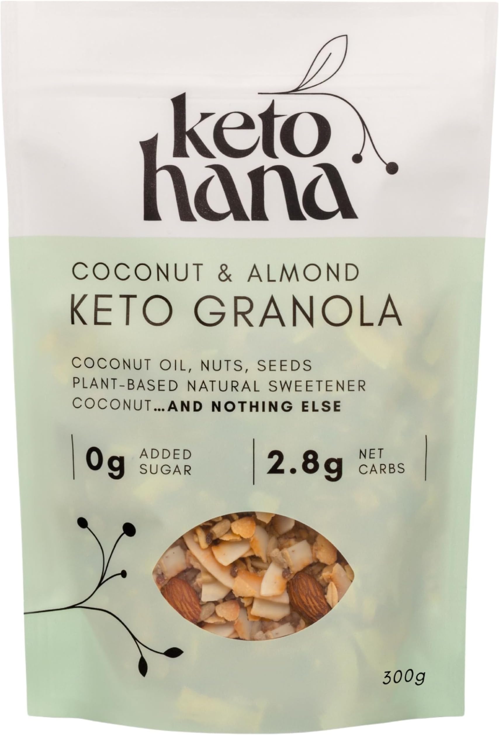 Keto Hana Coconut and Almond Keto Granola Keto Diet Vegan Grain Free Dairy Free Plant Based No Refined Sugars Gluten Free 2.8g Net Carbs Breakfast Cereal - 300gr/0.6lbs