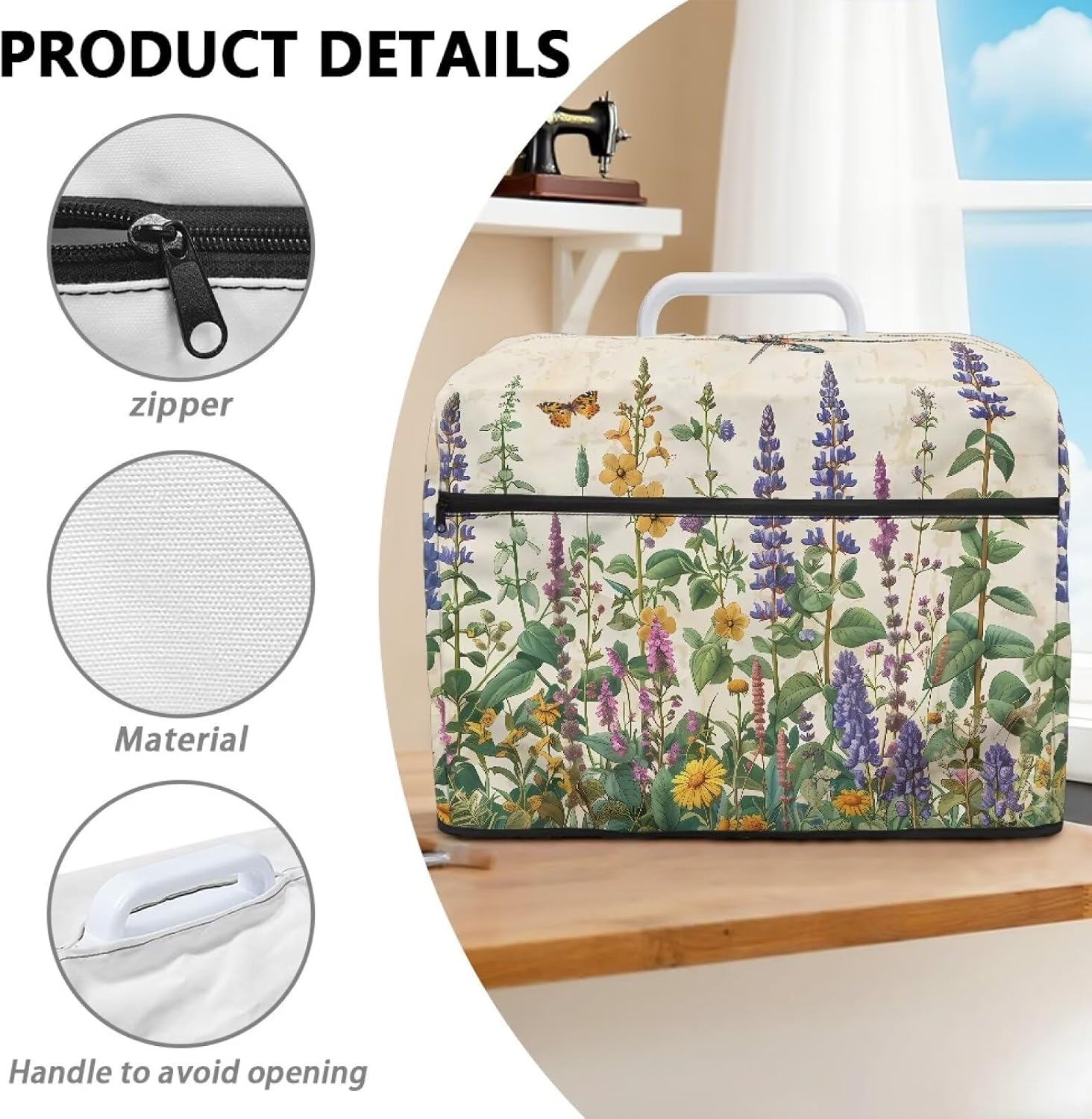 Universal Sewing Machines Cover with 3D Printed Flowers Pattern Decorative Protective Dust Cover with Convenient Pocket