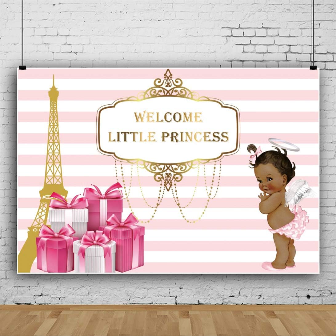 Get Discount Offer Haoyiyi 8x6ft Baby Shower Backdrop Welcom Little Princess Gold Glitter Eiffel Tower Pink White Striped Gift Photography Background Angel Girl Kids Newborn Birthday Party Celebration Decoration Photo