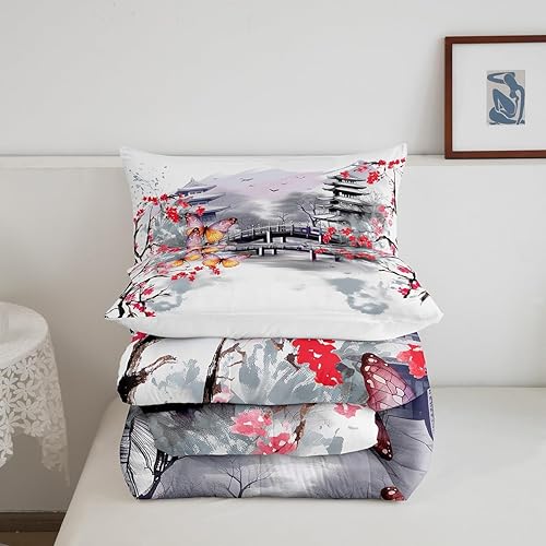 Miniatura 5 de Edredón estilo tinta japonesa, ropa de cama de flor de ciruelo rojo para mujeres y niñas, juegos de ropa de cama y colecciones de mariposas rosas,