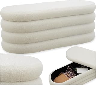 tectake® Sitzbank mit Stauraum, Sitzhocker, Hocker mit Stauraum, Stoff, Pouf, Polsterhocker, Sitztruhe, Truhe mit Deckel, Truhenbank mit Stauraum, Möbel für Wohnzimmer, 110x45x42cm - Bouclé créme-weiß