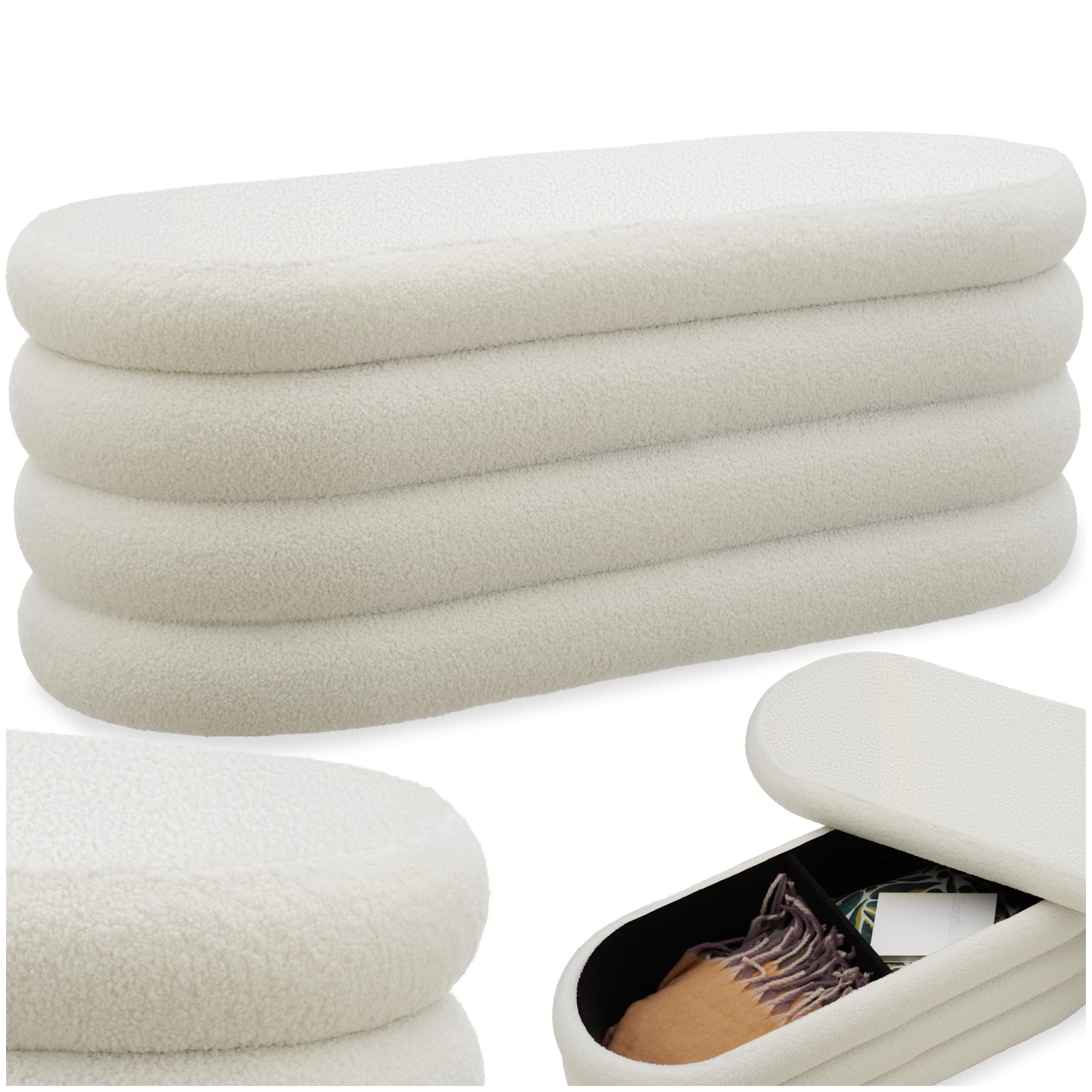 tectake® Storage Bench with Bouclé Cover, 110 x 45 x 42 cm, Storage Ottoman with 150 kg Load, 2 Compartments, Padded Lid & MDF Frame, Ottoman Storage Bench for Bedroom & Living Room - Cream/White