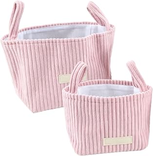 Set of 2 Foldable Pink Corduroy Storage Boxes with Cloth Handles, Baskets Organizer for Bedroom, Living Room, Bathroom, Toys and Cosmetics, Pink