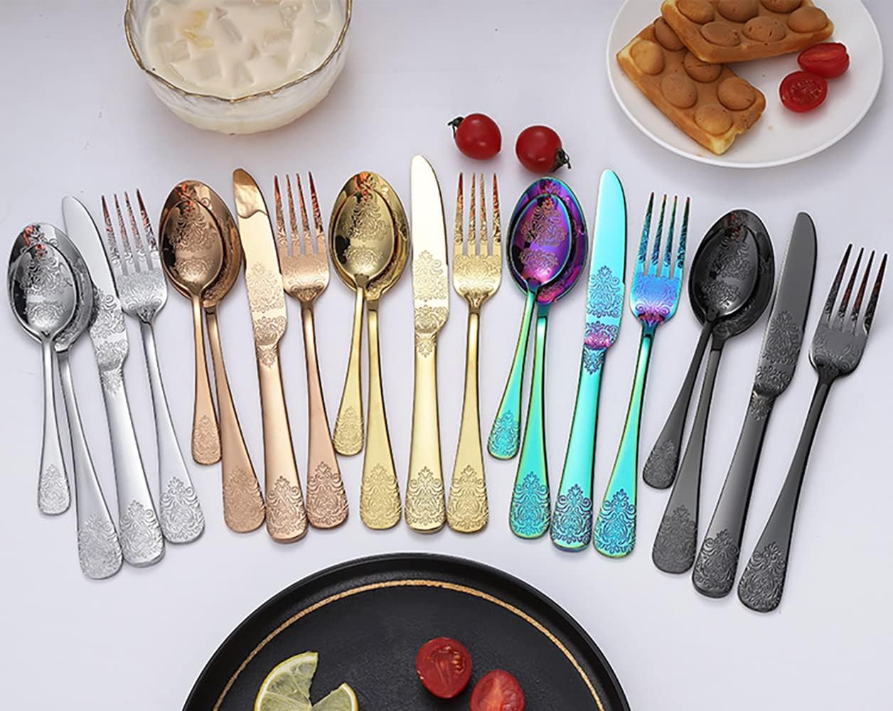 Cutlery Set, Stainless Steel Flatware Set,transparent plastic， Spoon Knife and Fork Set,20-Piece Set of Printed Cutlery Set Kitchen Silverware Tableware Main Stainless Steel Knife and Fork Spoon Comme